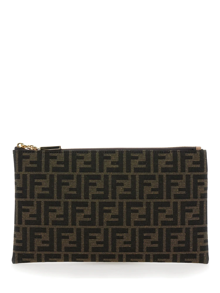 Flat Clutch Medium Baguette in Jacquard FF Fabric Brown Woman