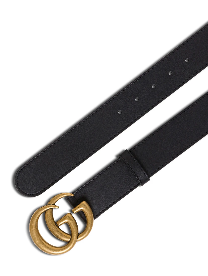 GG Leather Belt with Logo Buckle in Black Leather for Women
