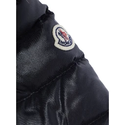 Emma Blue Down jacket with hood with fur and logo patch on the sleeve in Tech Fabric baby
