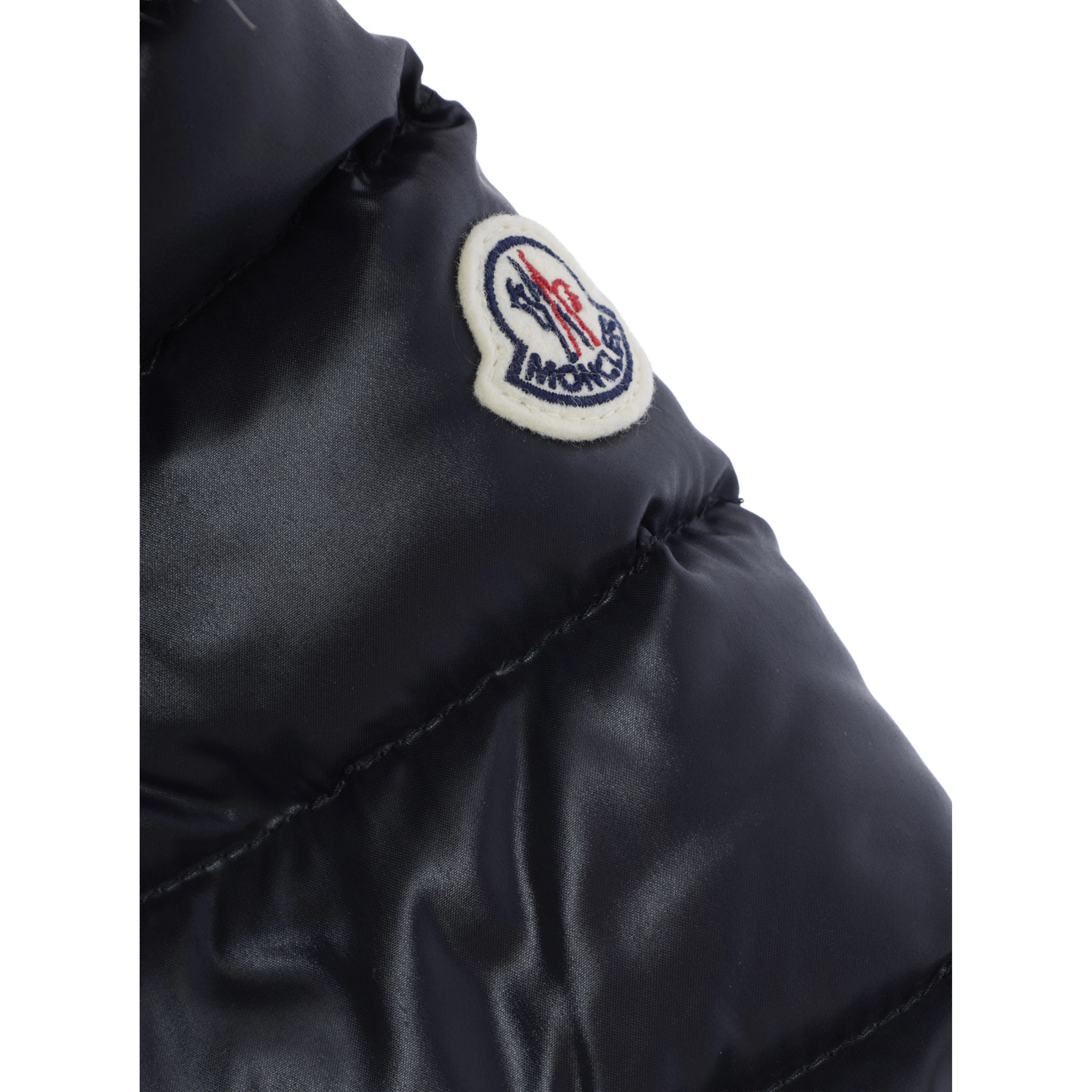 Emma Blue Down jacket with hood with fur and logo patch on the sleeve in Tech Fabric baby
