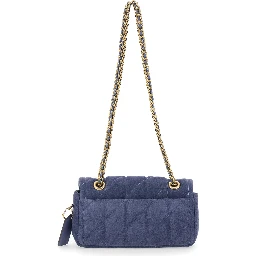 Blue Crossbody bag with chain handles and logo plate on the front in suede for women