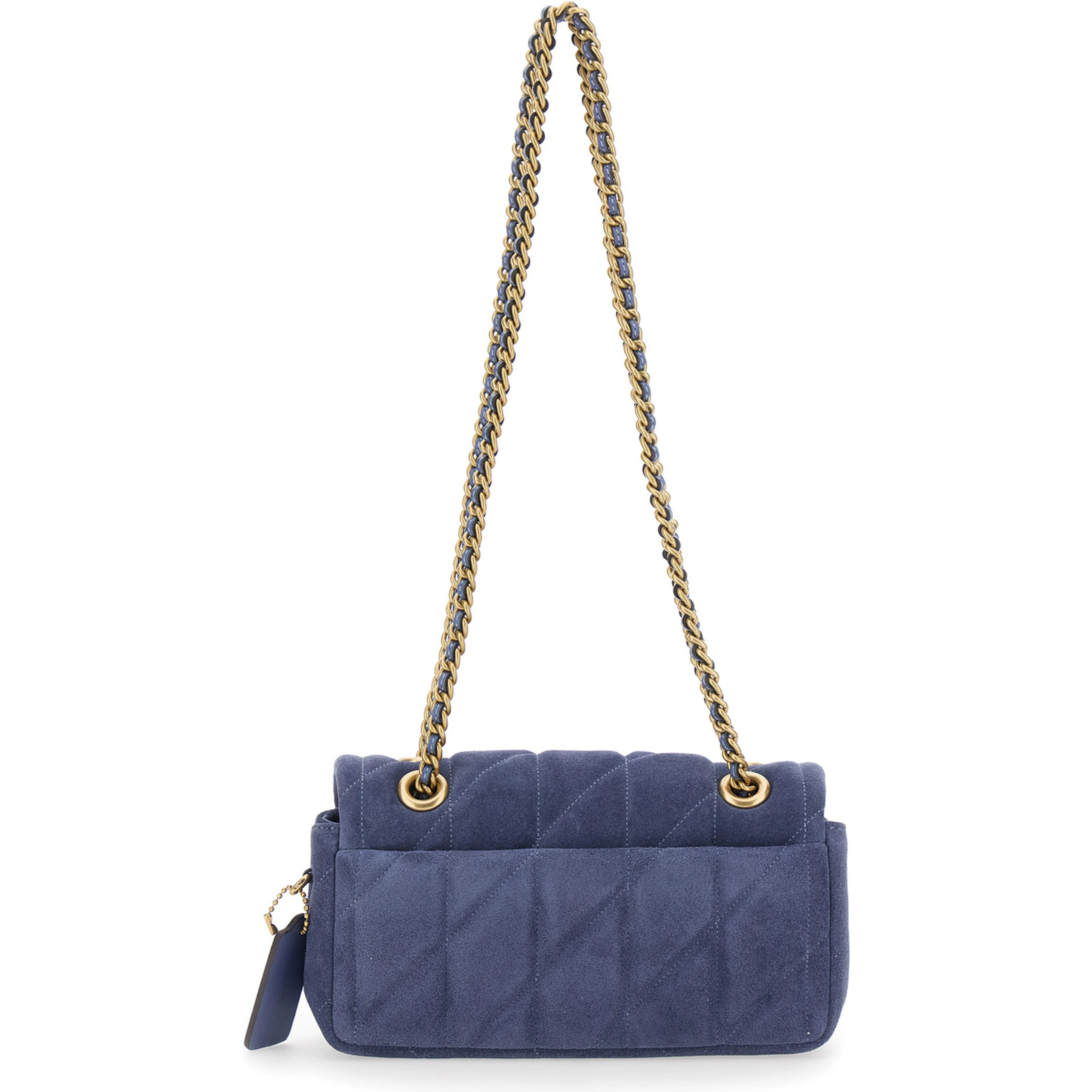 Blue Crossbody bag with chain handles and logo plate on the front in suede for women