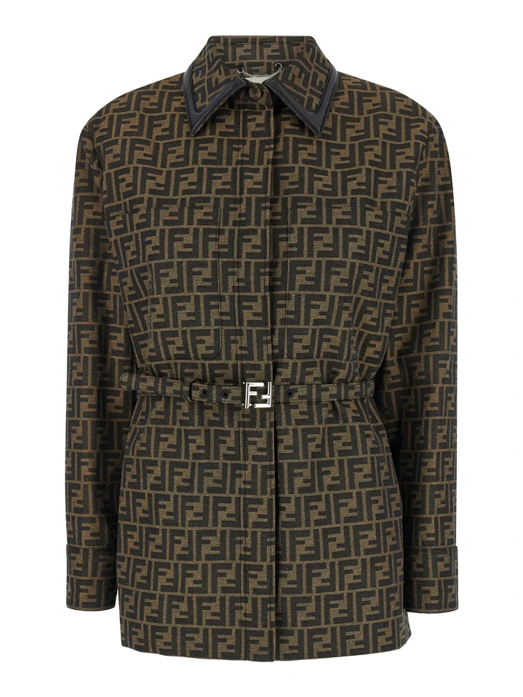 Jacket with FF All-Over Motif in Cotton Blend Brown Woman