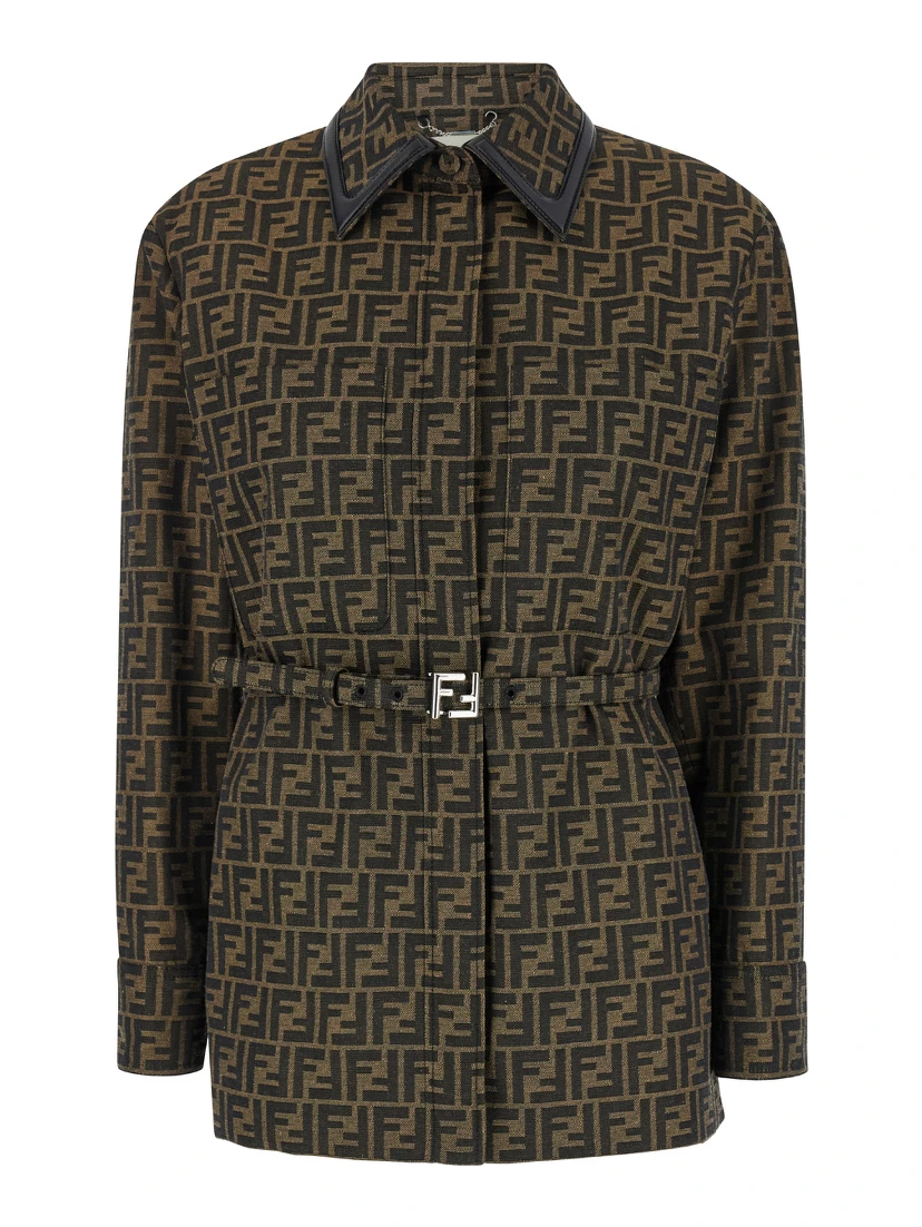 Jacket with FF All-Over Motif in Cotton Blend Brown Woman