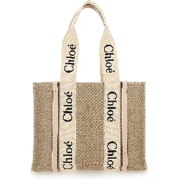 Handbag Medium Woody with Logo in Linen Canvas Beige Woman