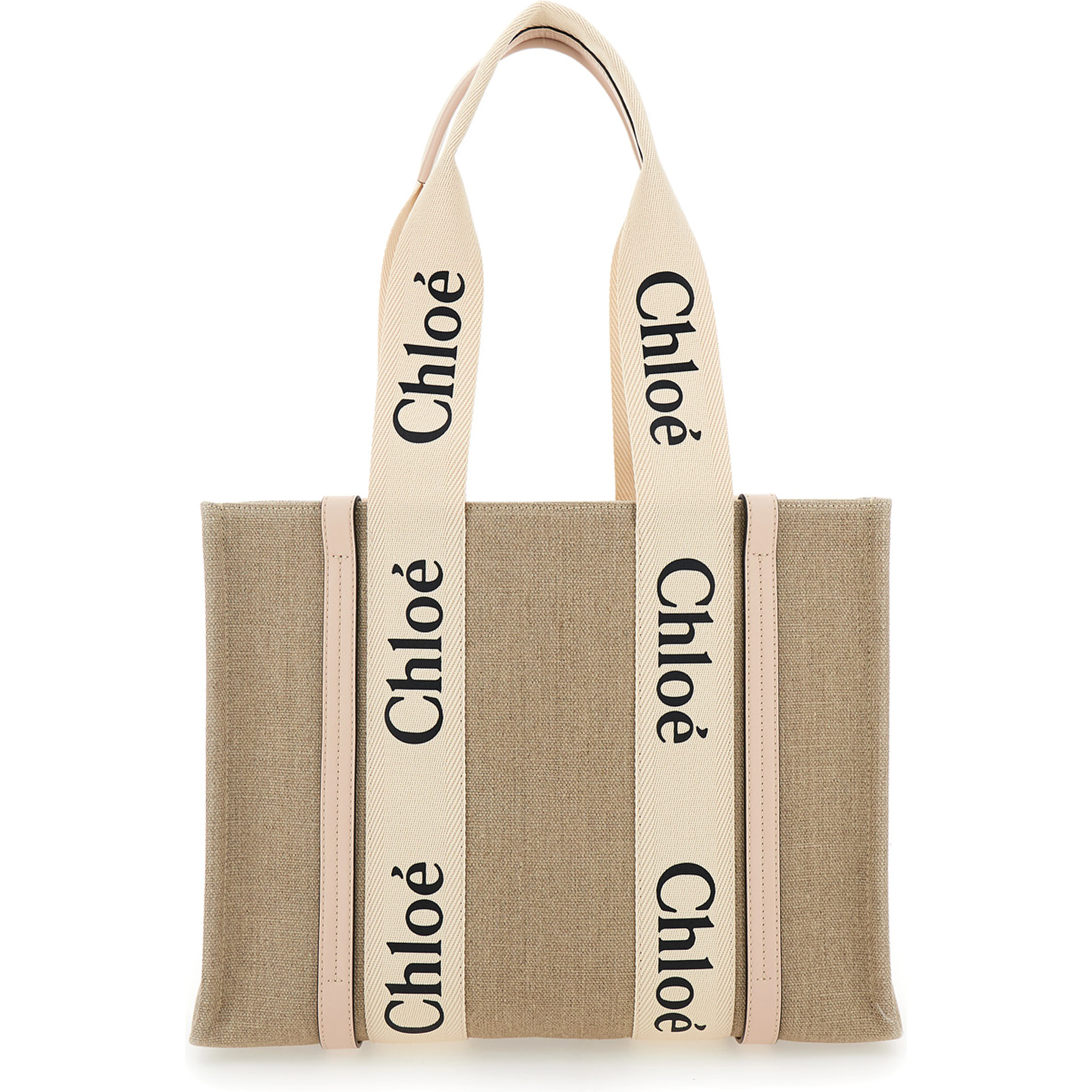 Handbag Medium Woody with Logo in Linen Canvas Beige Woman