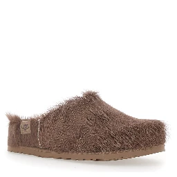 Brown Mules with Logo Patch on the Side in Fur for Women