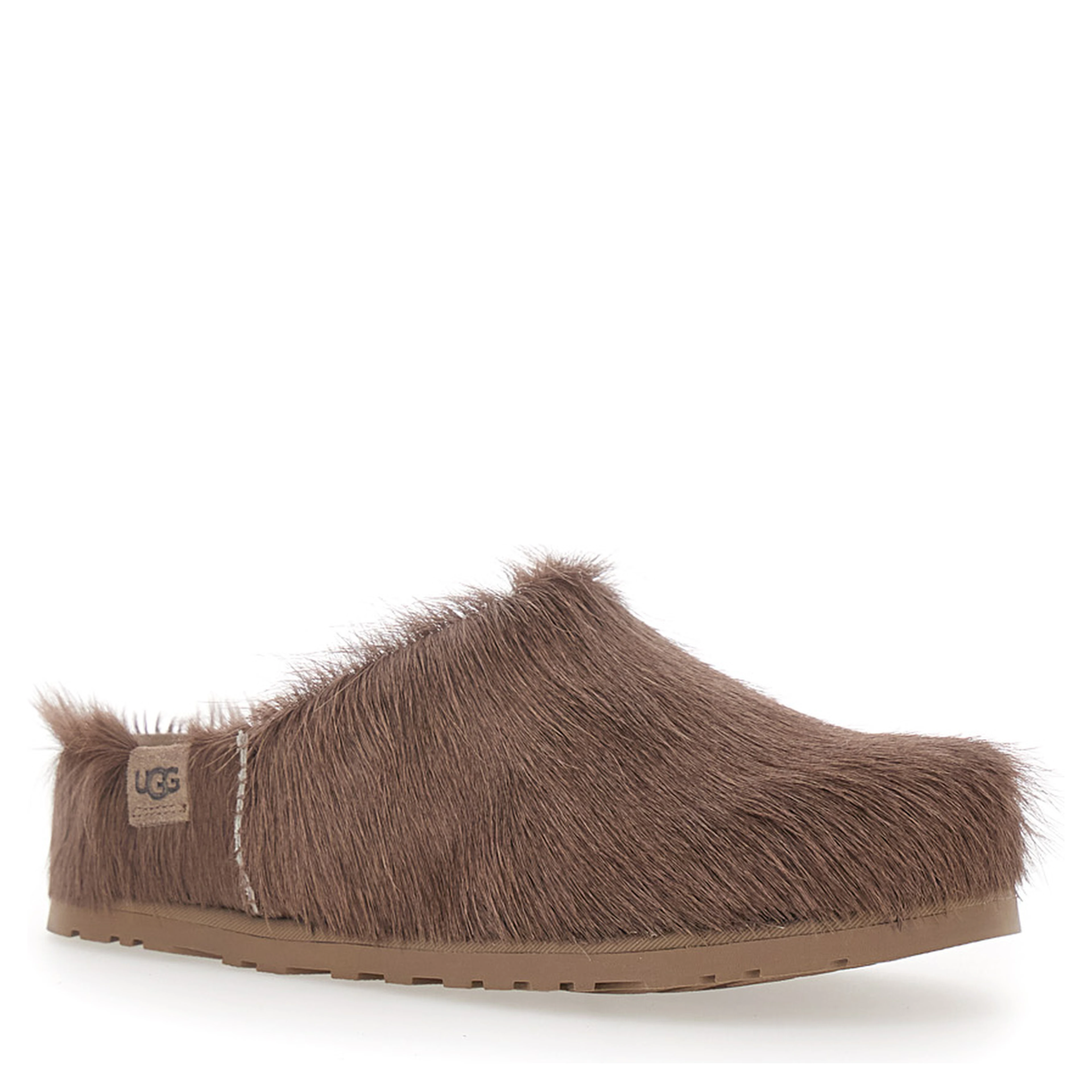 Brown Mules with Logo Patch on the Side in Fur for Women