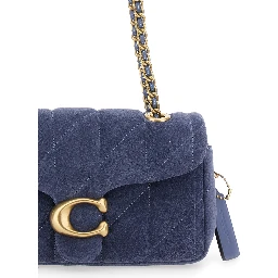 Blue Crossbody bag with chain handles and logo plate on the front in suede for women