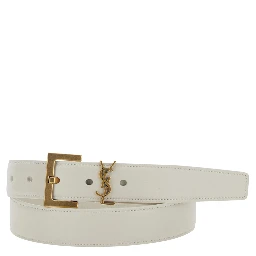 Belt with YSL Plate in White Leather for Women