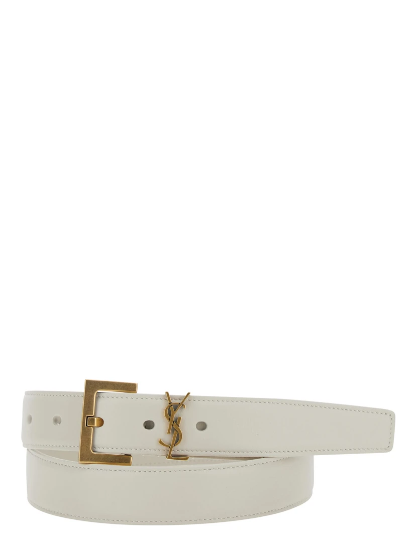 Belt with YSL Plate in White Leather for Women