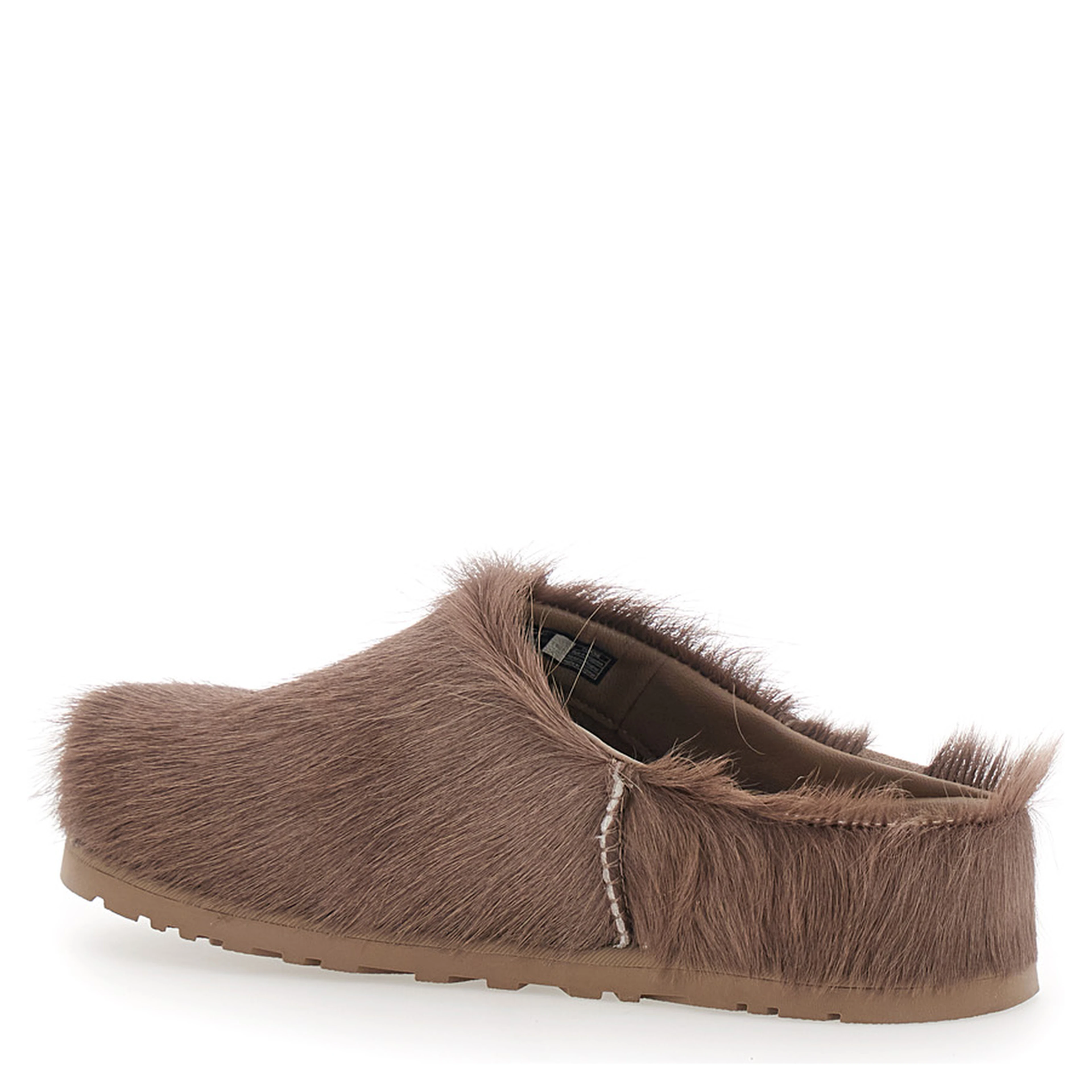 Brown Mules with Logo Patch on the Side in Fur for Women