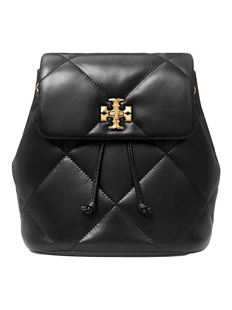 Backpack Kira with Metal Logo Plate on Front in Black Quilted Leather for Women
