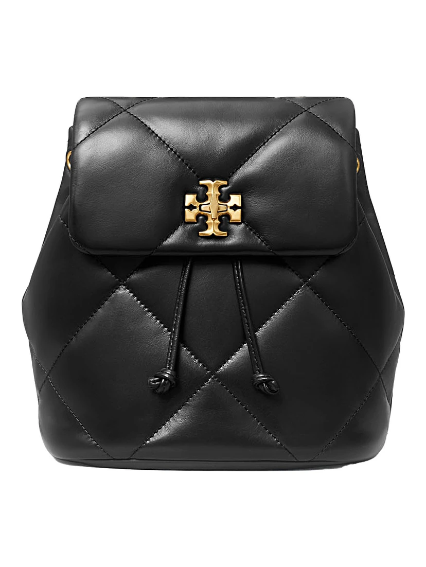 Backpack Kira with Metal Logo Plate on Front in Black Quilted Leather for Women