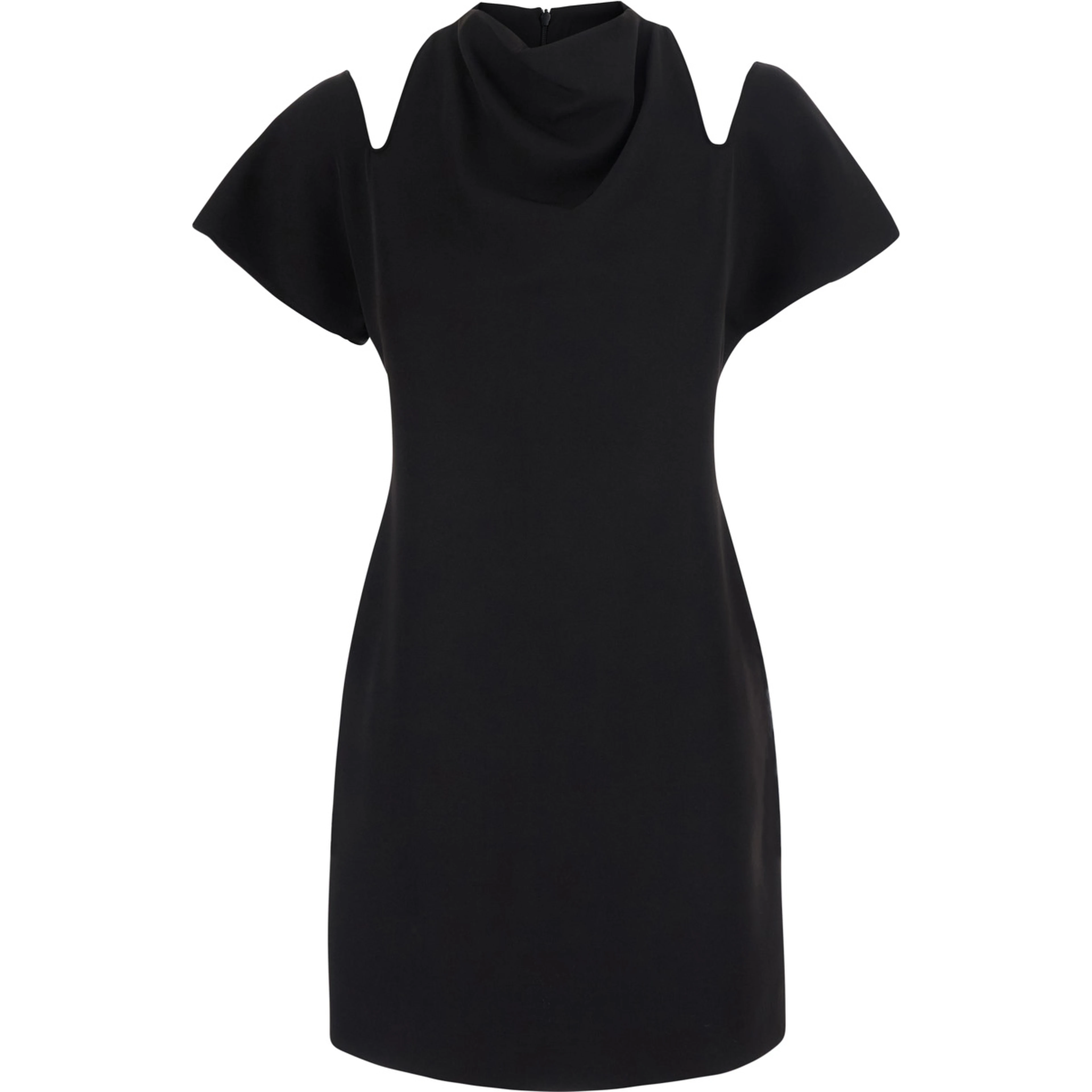 Black Short dress with round neck and cut-out on the shoulders in silk blend for women