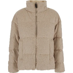 DIVINA Beige Down jacket with high collar and reversible design in cashmere and Tech Fabric for women