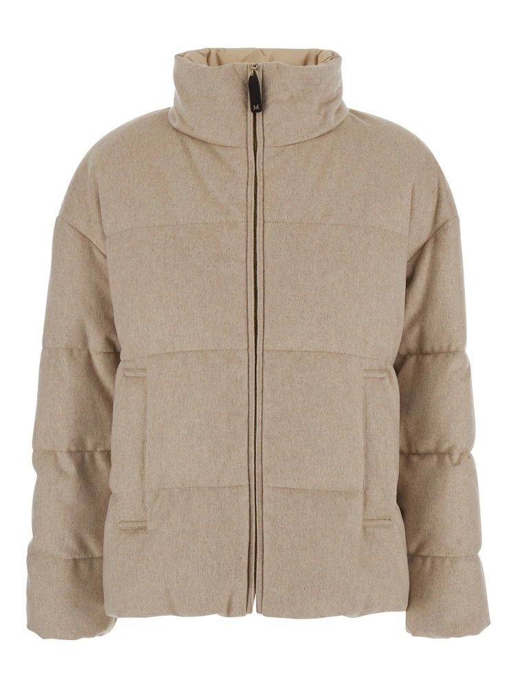 DIVINA Beige Down jacket with high collar and reversible design in cashmere and Tech Fabric for women