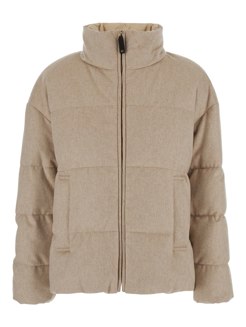 DIVINA Beige Down jacket with high collar and reversible design in cashmere and Tech Fabric for women