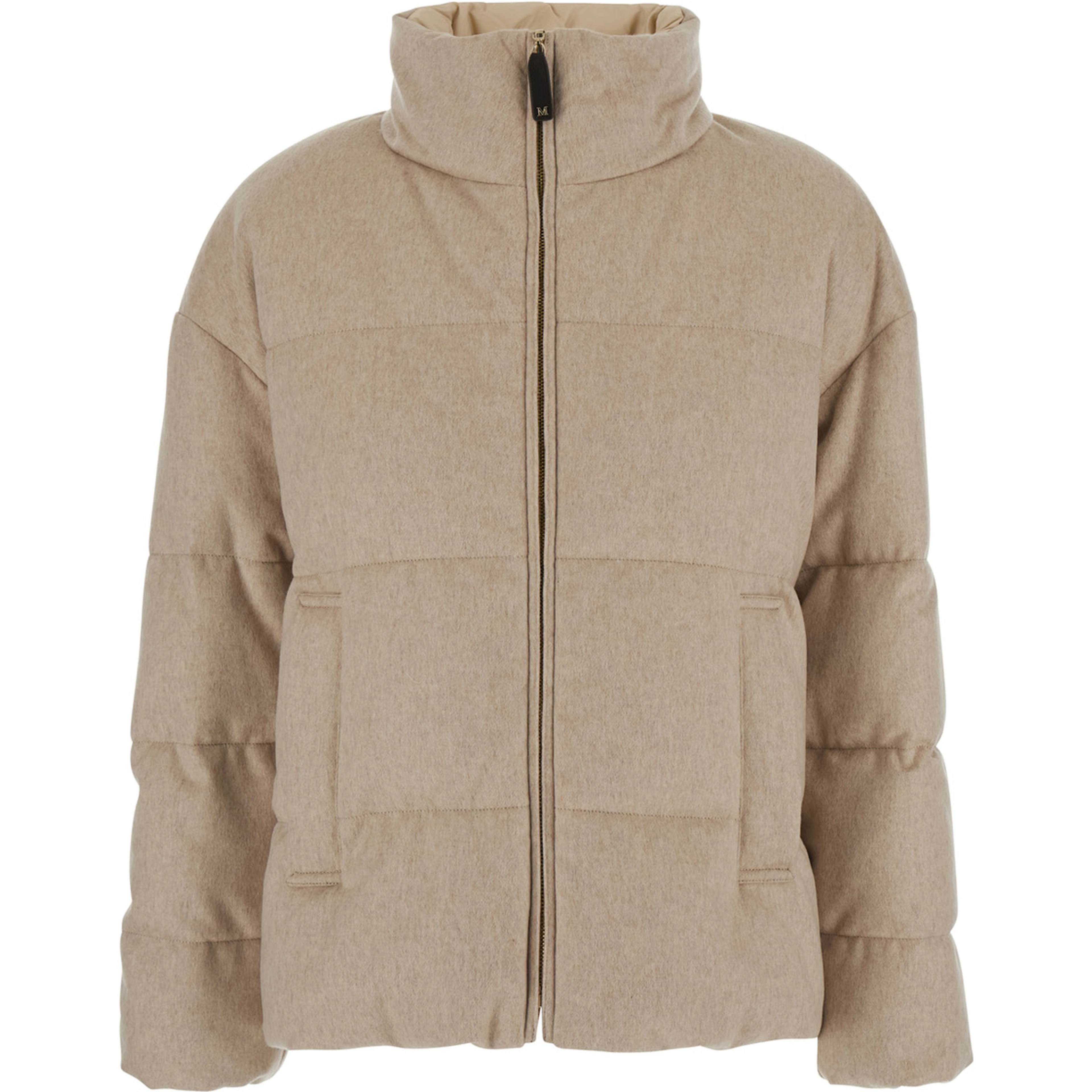 DIVINA Beige Down jacket with high collar and reversible design in cashmere and Tech Fabric for women