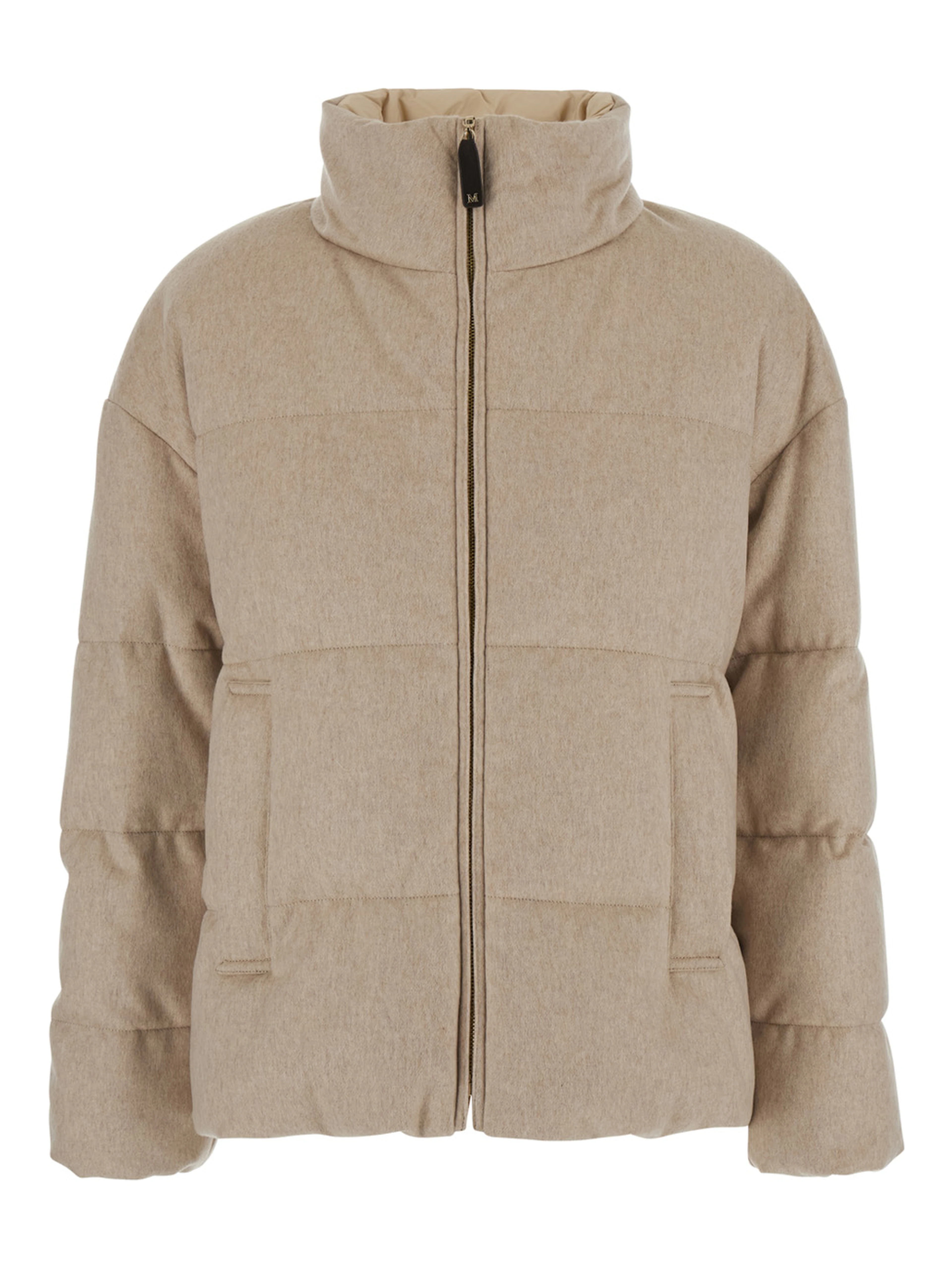 DIVINA Beige Down jacket with high collar and reversible design in cashmere and Tech Fabric for women
