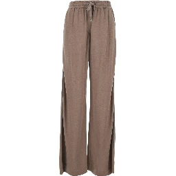 Brown Pants with elasticated waist and drawstring with Monil detail on the side in cotton and silk blend for women