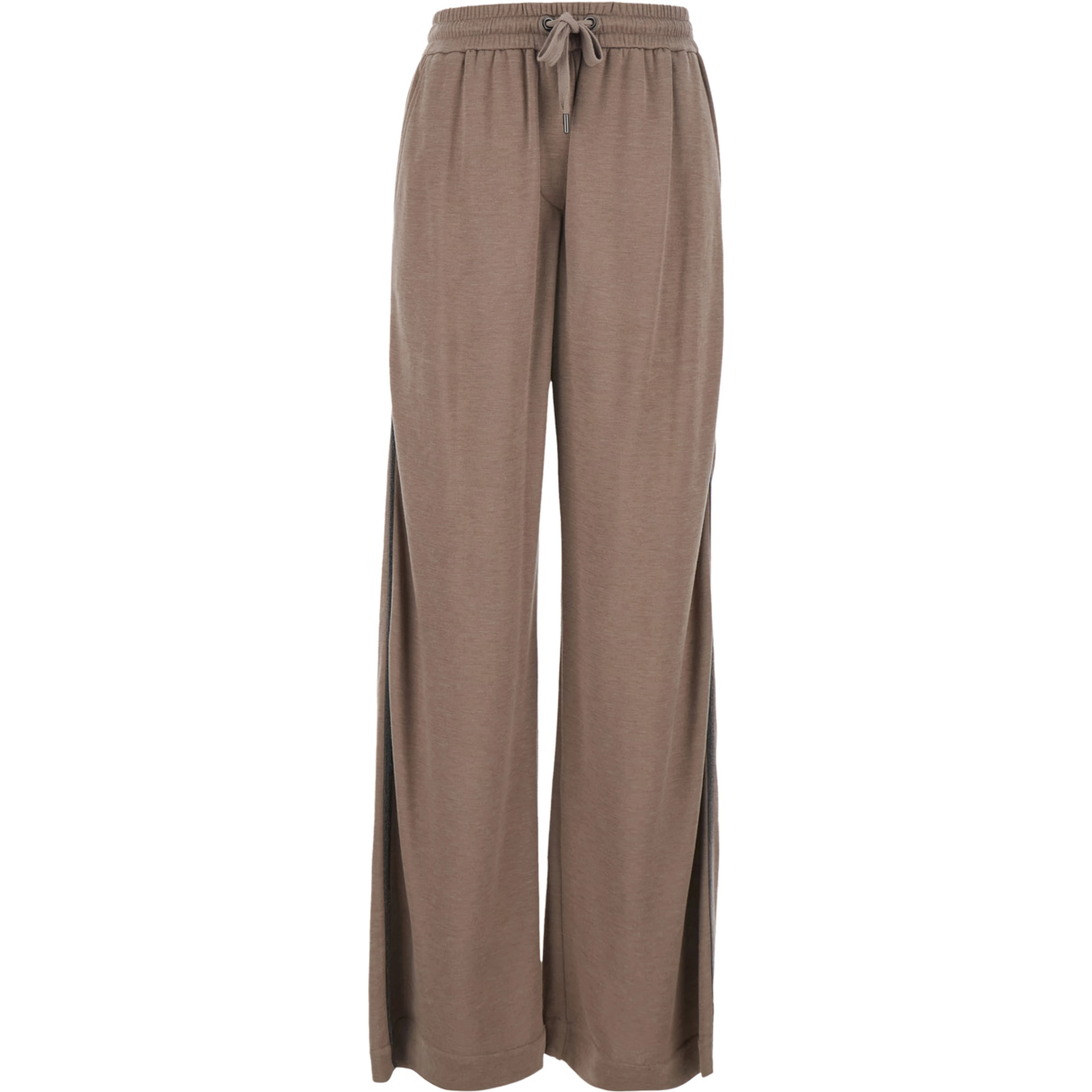 Brown Pants with elasticated waist and drawstring with Monil detail on the side in cotton and silk blend for women