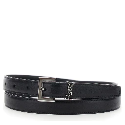 Belt with Cassandre Plate on the Front and Square Buckle in Black Leather for Women