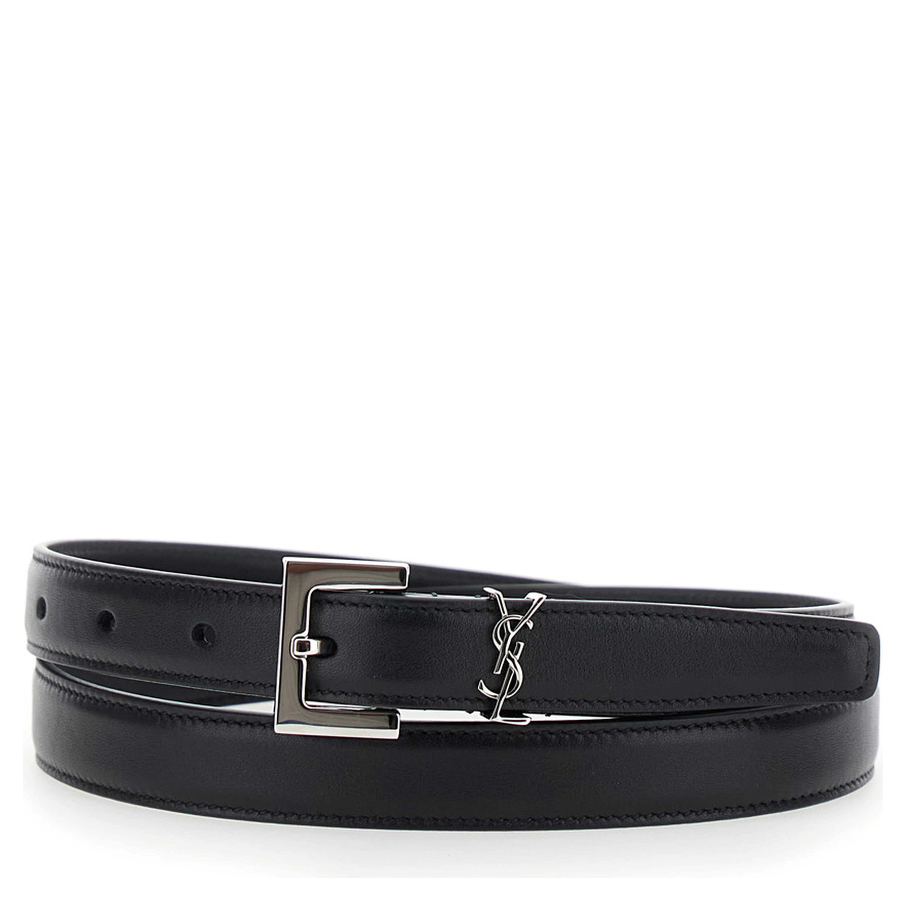 Belt with Cassandre Plate on the Front and Square Buckle in Black Leather for Women