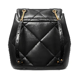 Backpack Kira with Metal Logo Plate on Front in Black Quilted Leather for Women