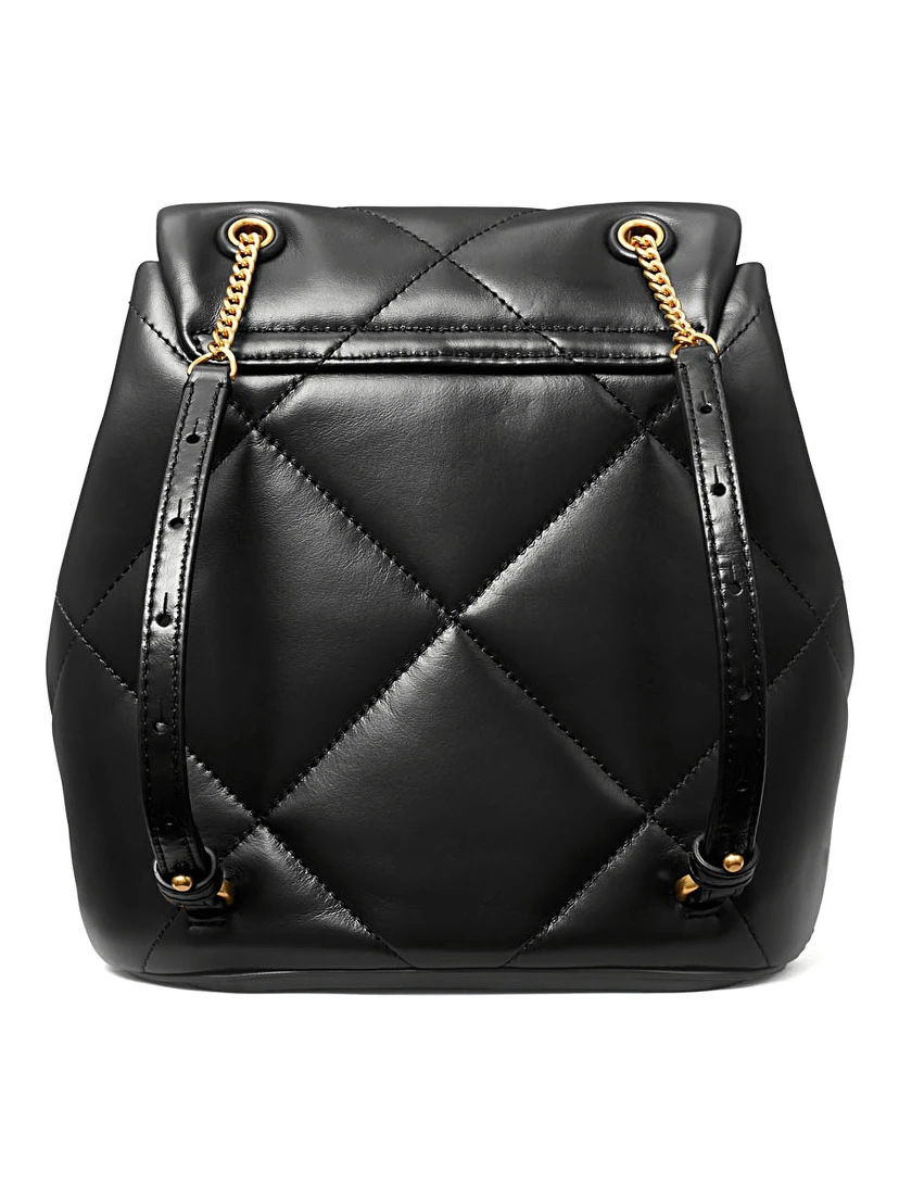 Backpack Kira with Metal Logo Plate on Front in Black Quilted Leather for Women