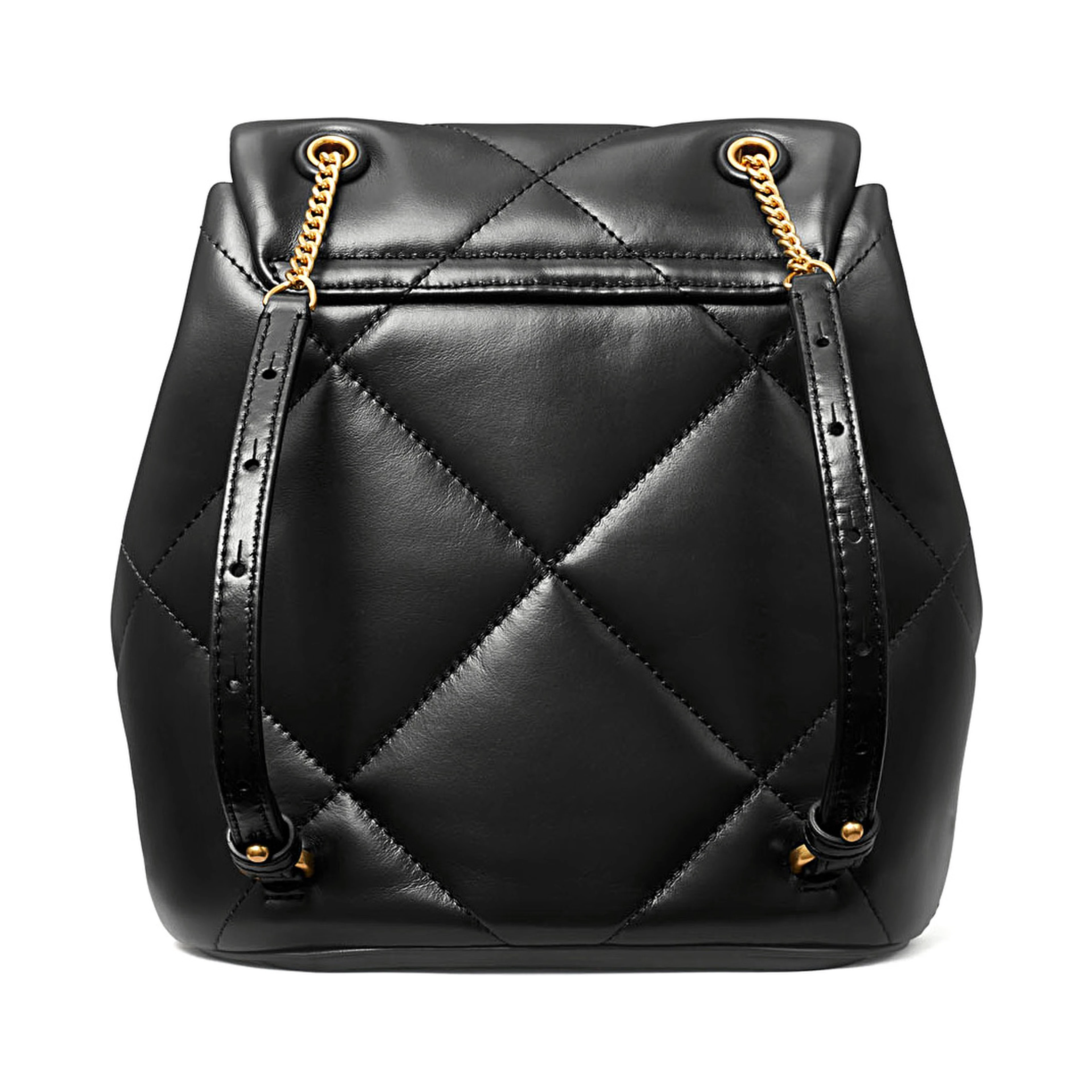 Backpack Kira with Metal Logo Plate on Front in Black Quilted Leather for Women
