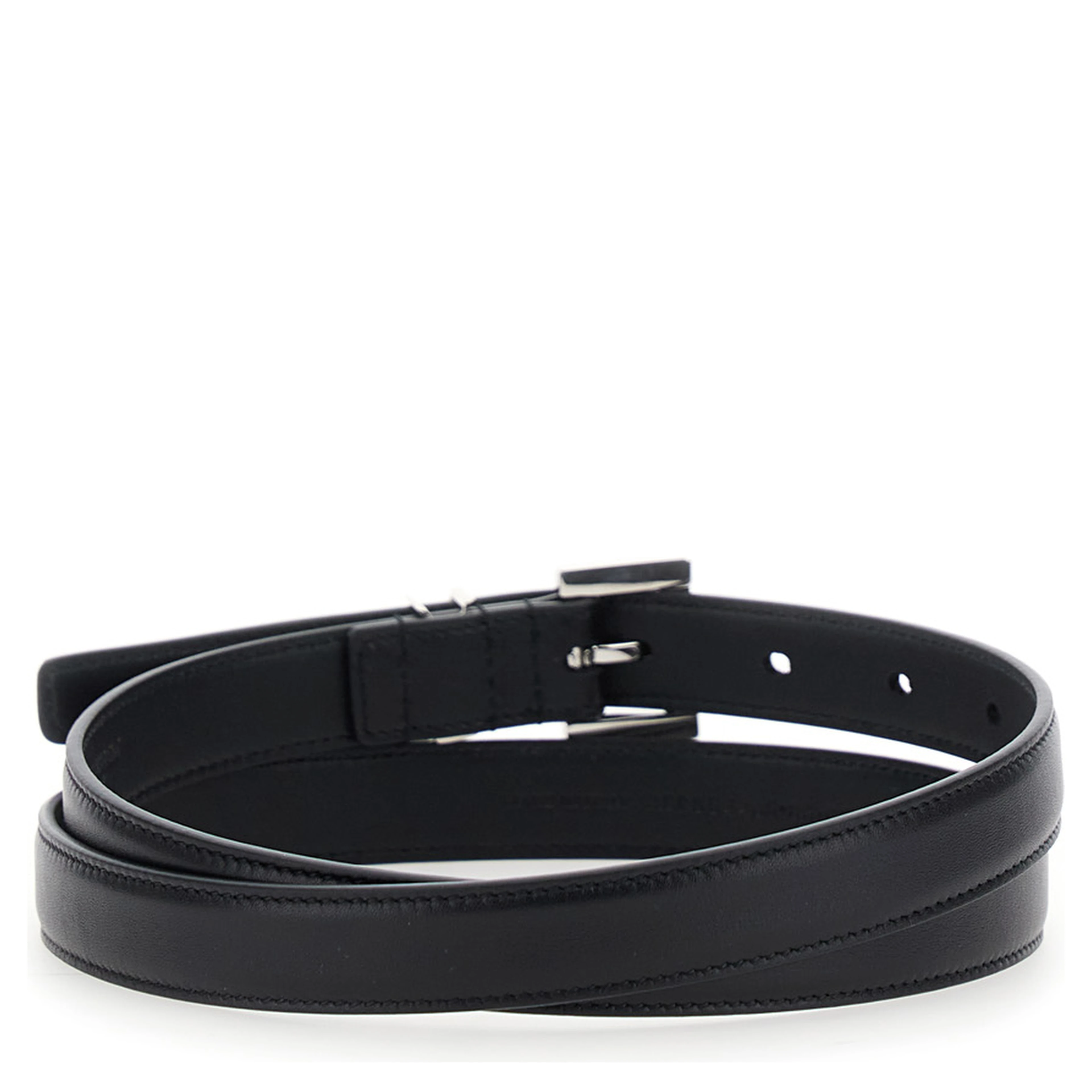 Belt with Cassandre Plate on the Front and Square Buckle in Black Leather for Women