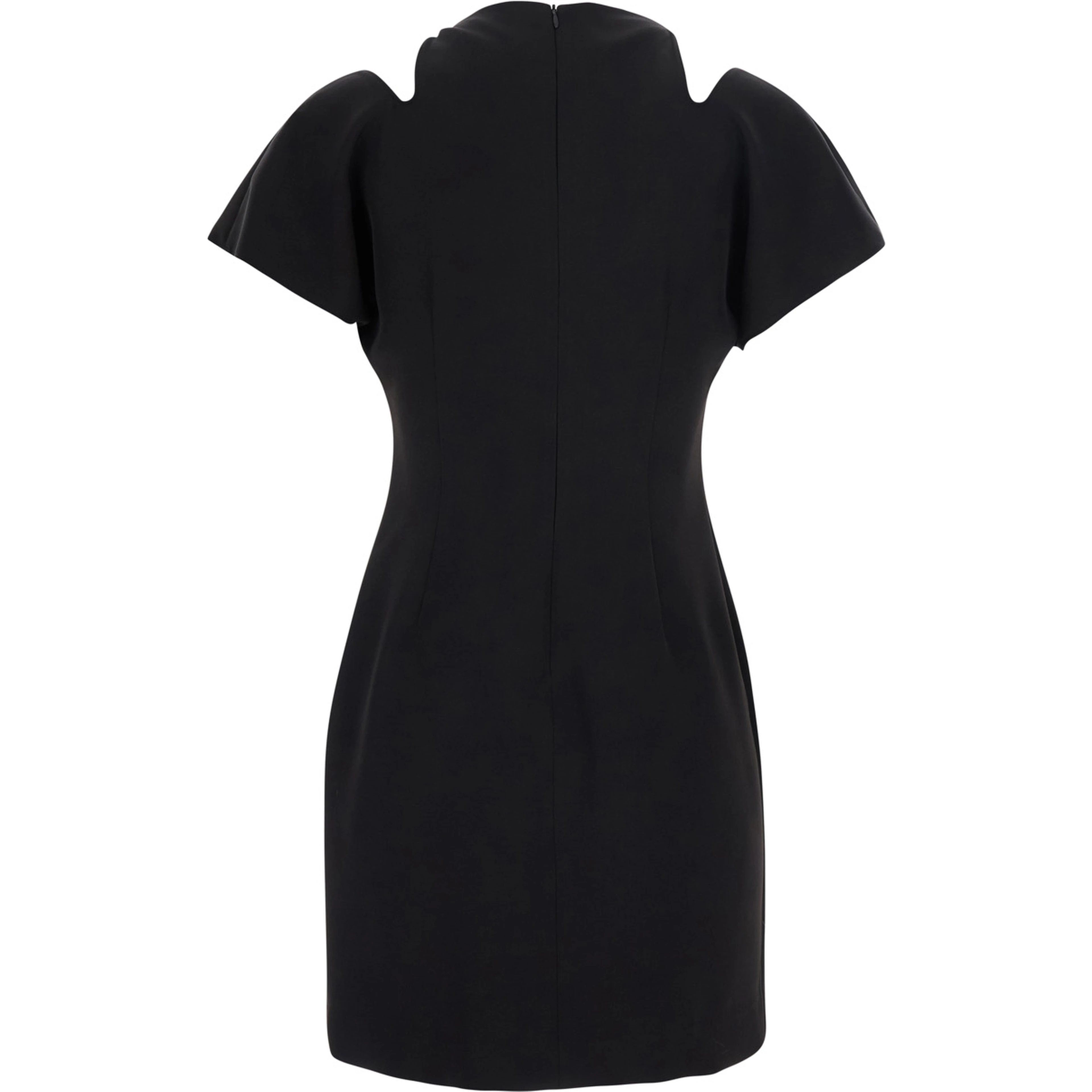 Black Short dress with round neck and cut-out on the shoulders in silk blend for women