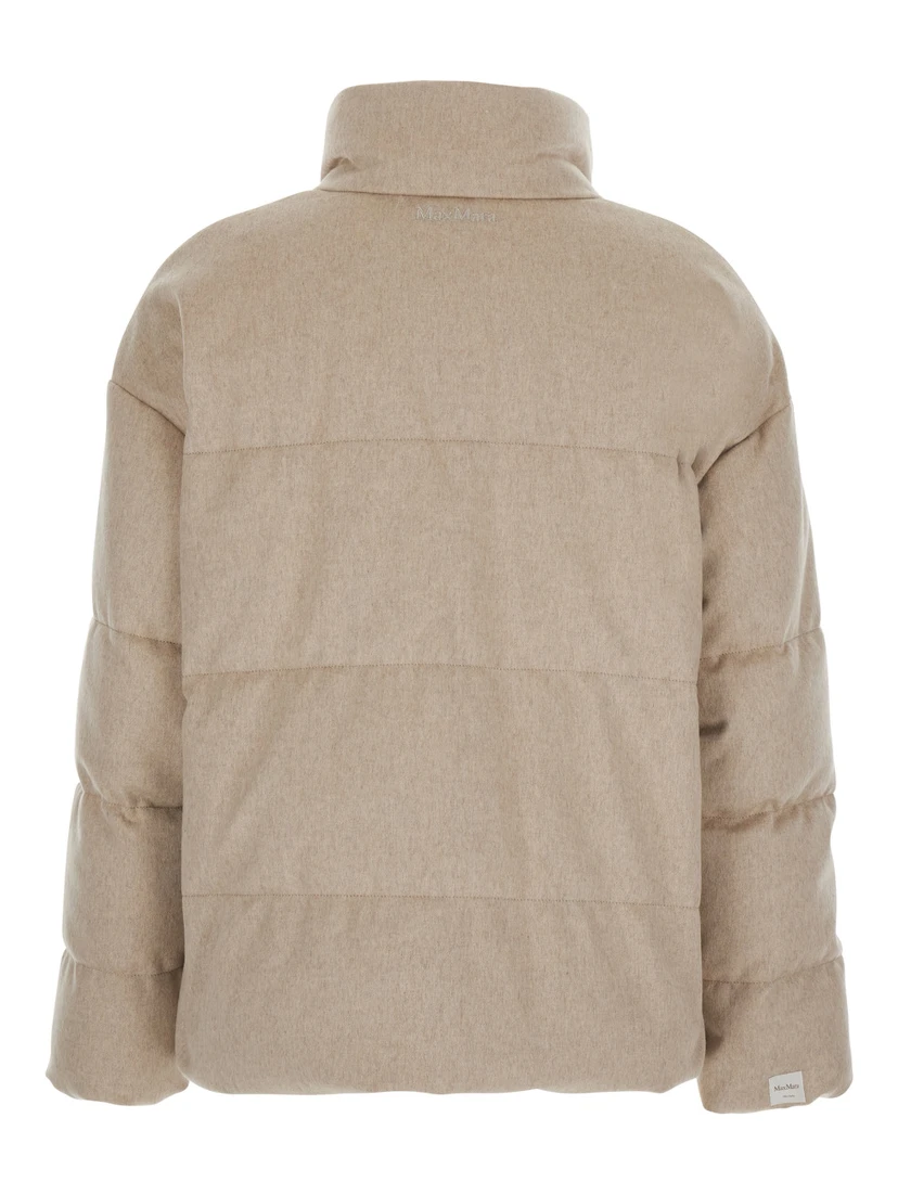 DIVINA Beige Down jacket with high collar and reversible design in cashmere and Tech Fabric for women