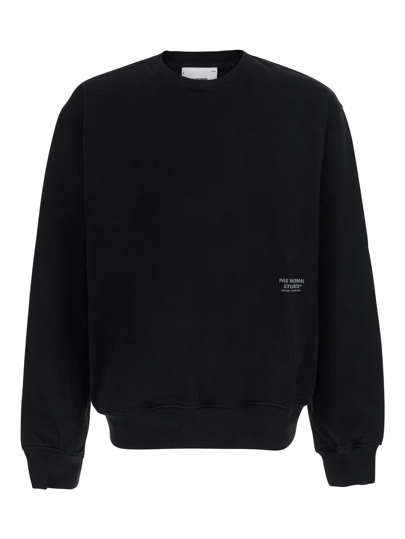 Black Crew-Neck Sweatshirt with Logo Lettering on the Front in Cotton for Men