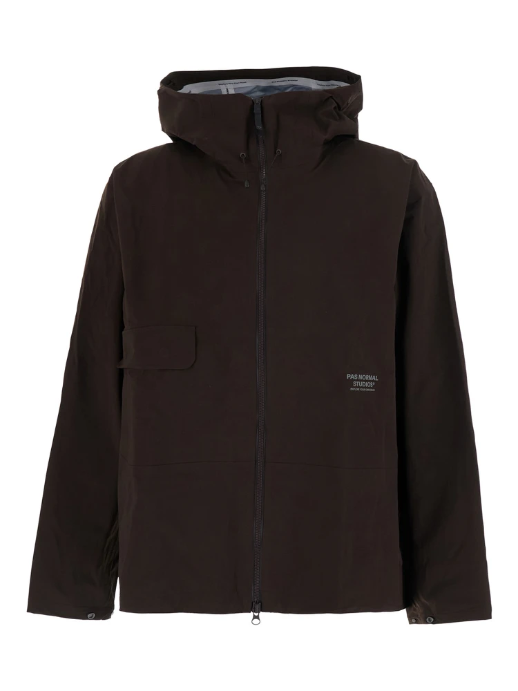 Brown Hooded Jacket with Drawstring Hood and Logo lettering on the Front in Tech Fabric Men