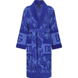 Blue Bathrobe with all-over embossed logo print in cotton terry
