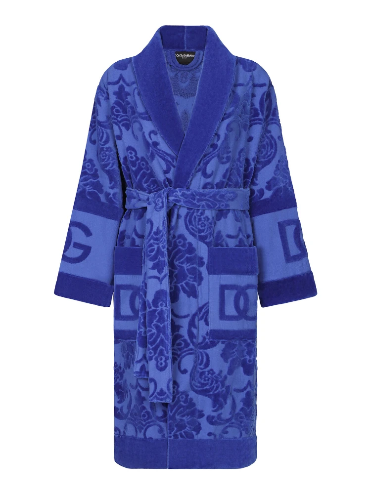 Blue Bathrobe with all-over embossed logo print in cotton terry