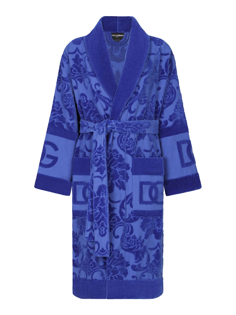 Blue Bathrobe with all-over embossed logo print in cotton terry