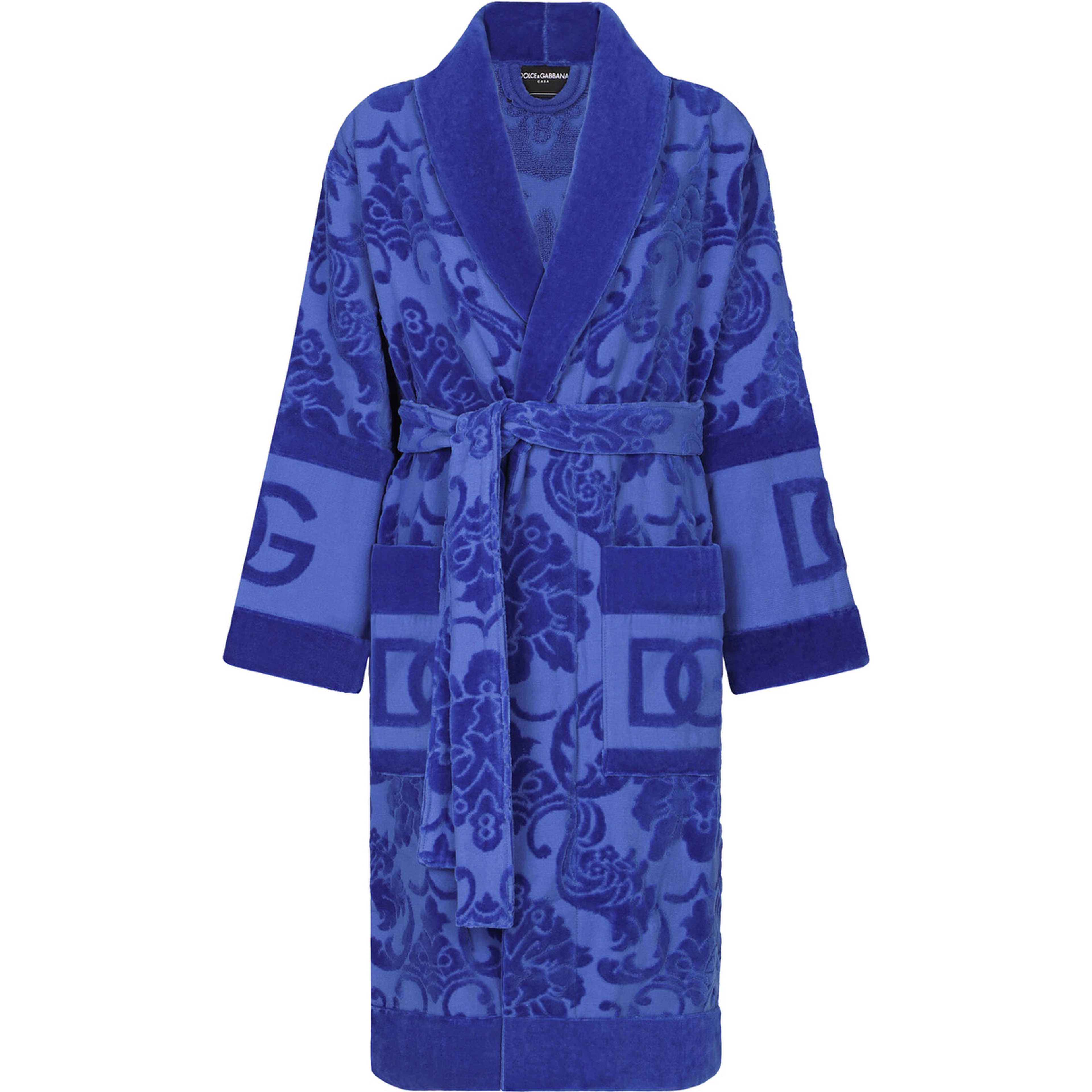 Blue Bathrobe with all-over embossed logo print in cotton terry