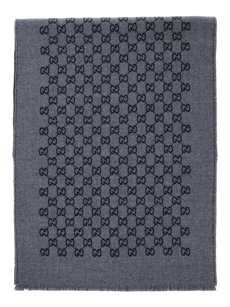 Scarf with GG Motif in Gray Jacquard Wool for Men