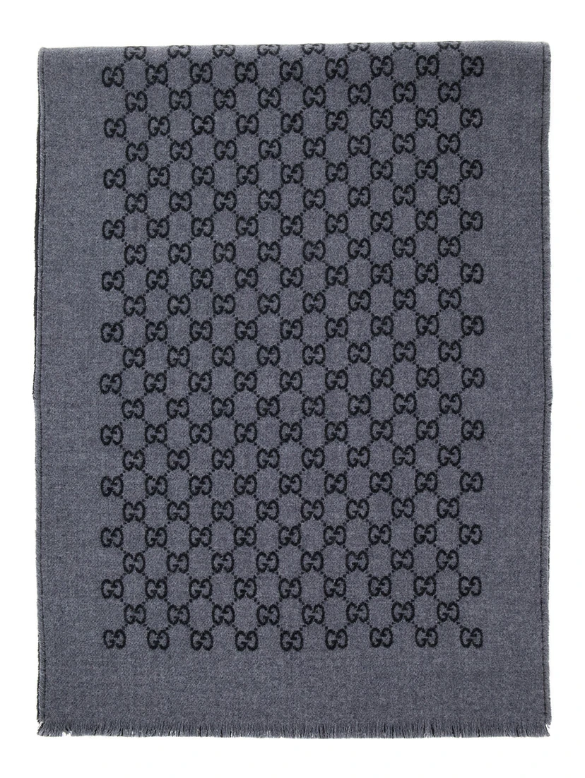 Scarf with GG Motif in Gray Jacquard Wool for Men