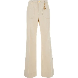 Cream White High-Waisted Jeans with Logo Pendant in Denim for Women