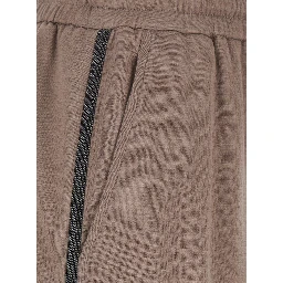 Brown Pants with elasticated waist and drawstring with Monil detail on the side in cotton and silk blend for women