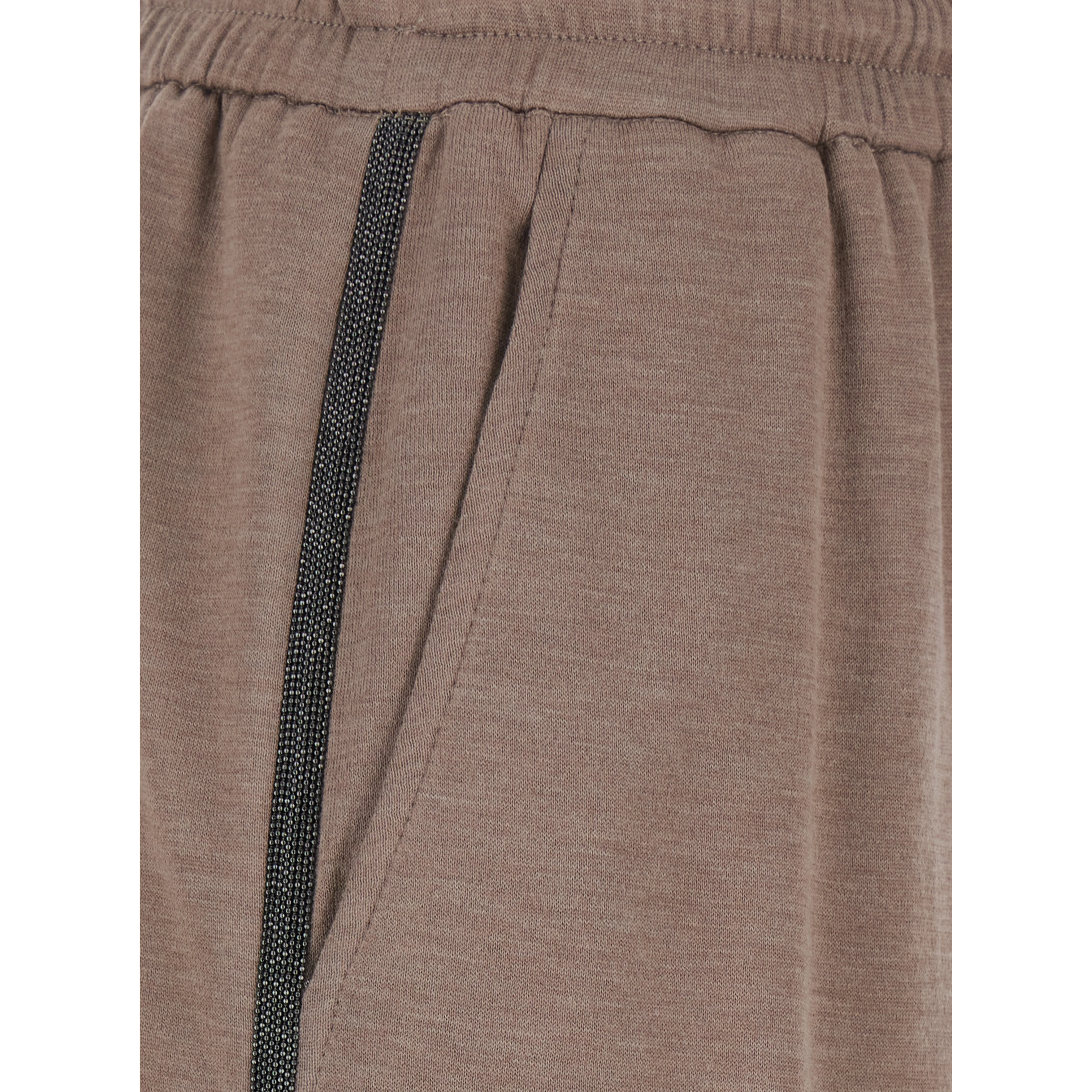 Brown Pants with elasticated waist and drawstring with Monil detail on the side in cotton and silk blend for women