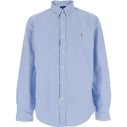 Shirt Slim Fit Oxford Light Blue with Button Down Collar and Embroidery on the Front in Cotton Men