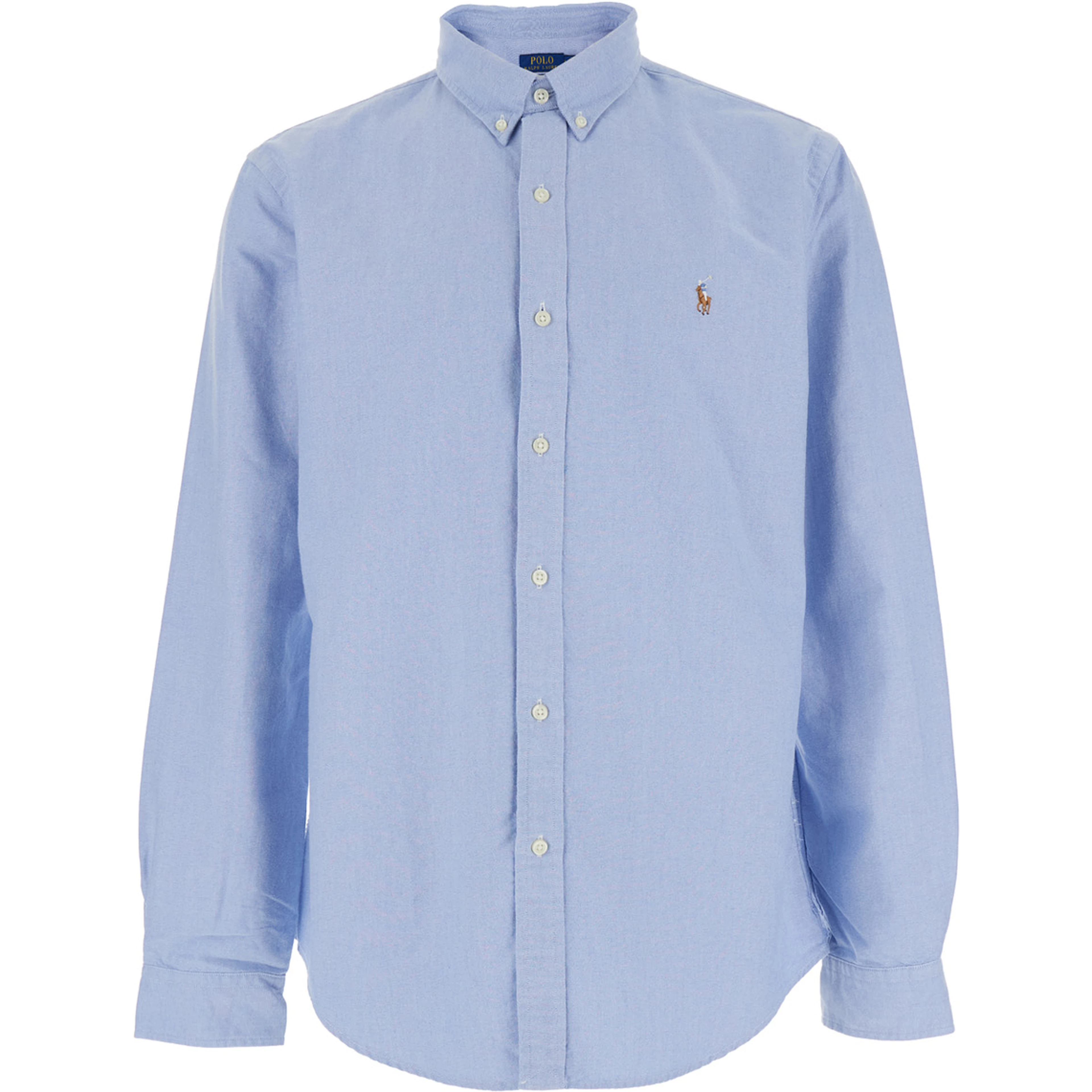 Shirt Slim Fit Oxford Light Blue with Button Down Collar and Embroidery on the Front in Cotton Men