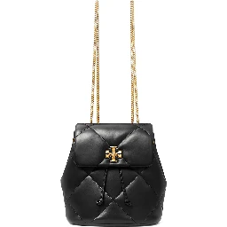 Backpack Kira with Metal Logo Plate on Front in Black Quilted Leather for Women