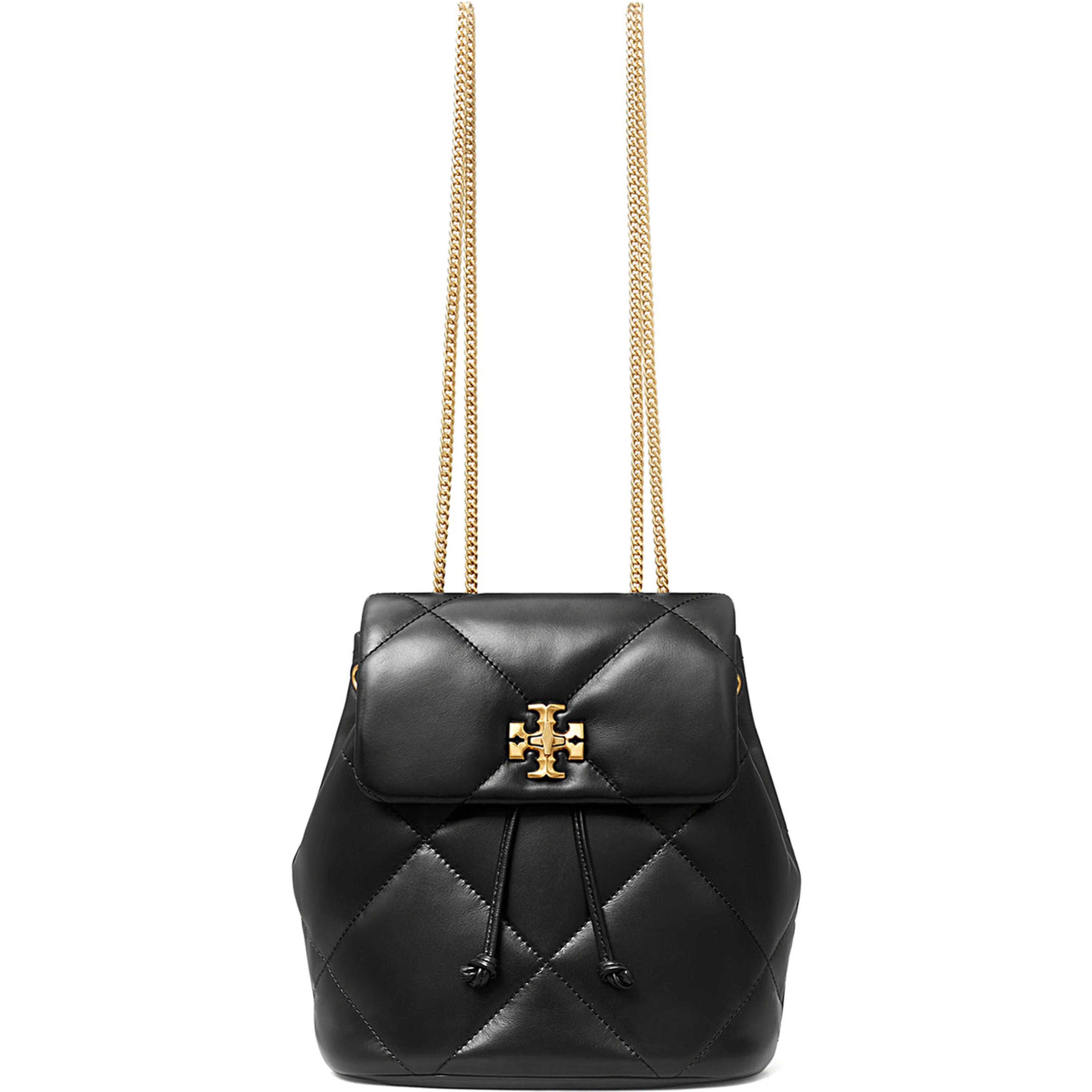 Backpack Kira with Metal Logo Plate on Front in Black Quilted Leather for Women