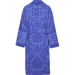 Blue Bathrobe with all-over embossed logo print in cotton terry